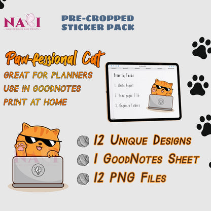 Sticker pack with a cartoon cat on a laptop, featuring text about its use in planners and GoodNotes.