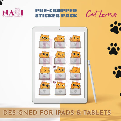 Pre-cropped sticker pack for iPads and tablets featuring cartoon cats on a tablet screen with a yellow background.