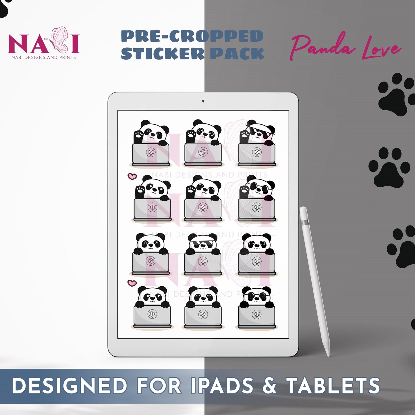Pre-cropped sticker pack for iPads and tablets featuring panda designs on a tablet screen.