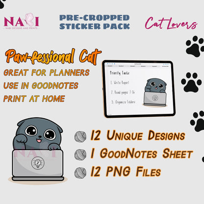 Sticker pack for Cat Lovers with a cat using a laptop on a white background.