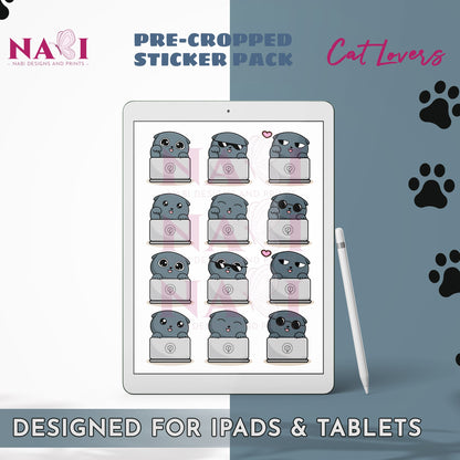 Pre-cropped sticker pack for iPads & tablets with cat-themed designs on a tablet screen.