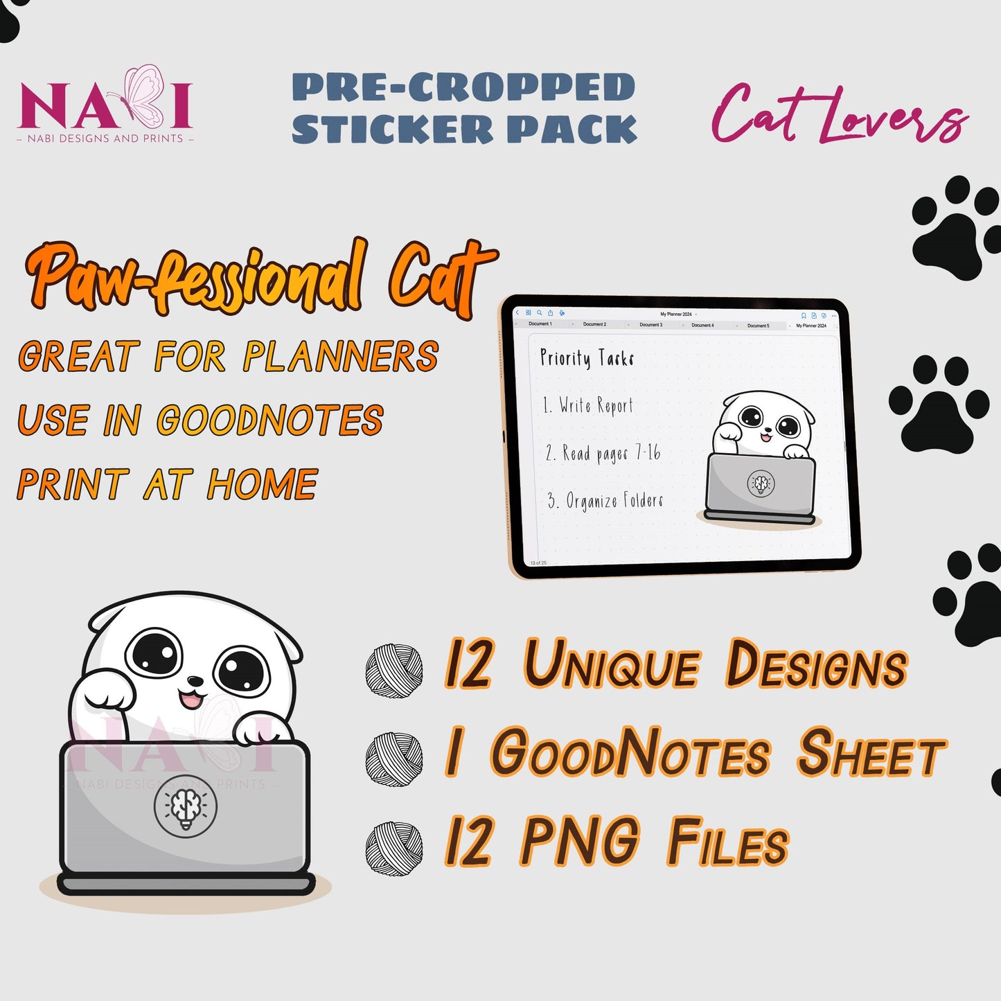 Sticker pack for Cat Lovers with a cat on a laptop, text about use cases, and Nabi Design and Prints  branding.