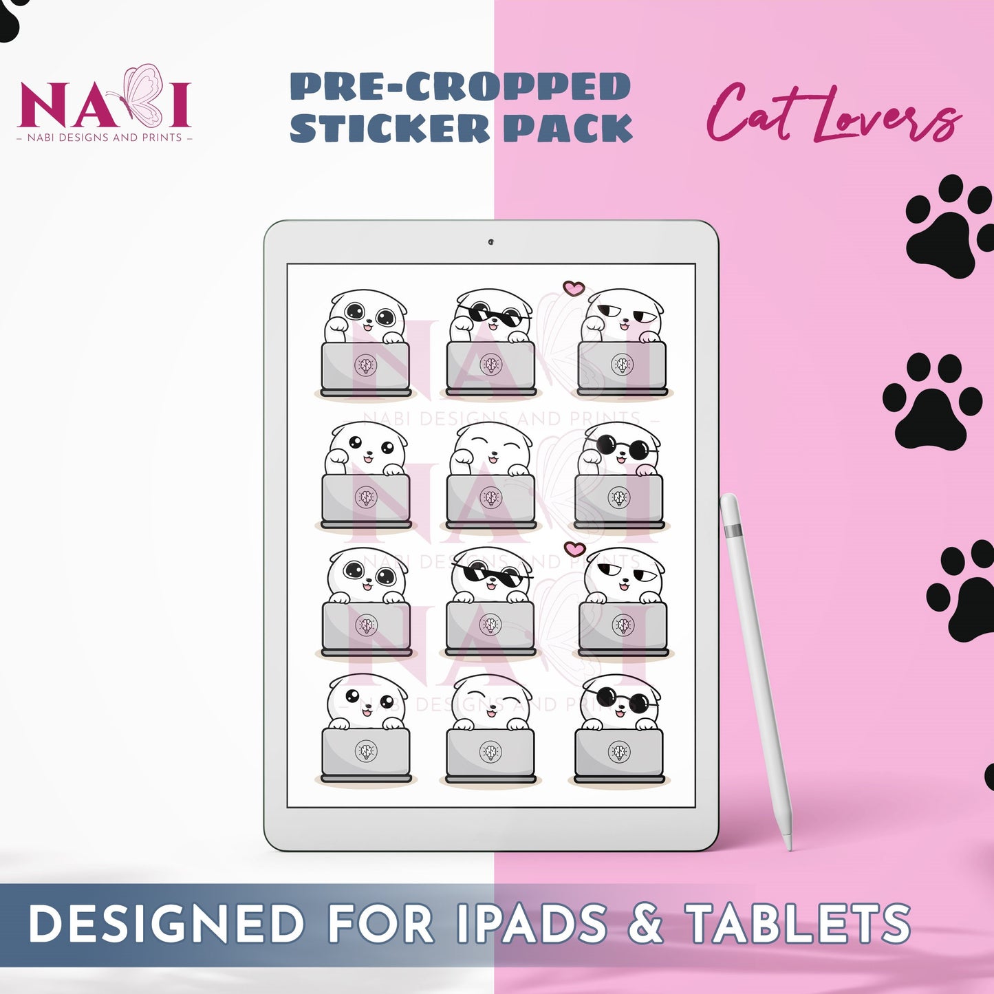 Pre-cropped sticker pack for iPads & tablets with cat-themed design on a pink background.