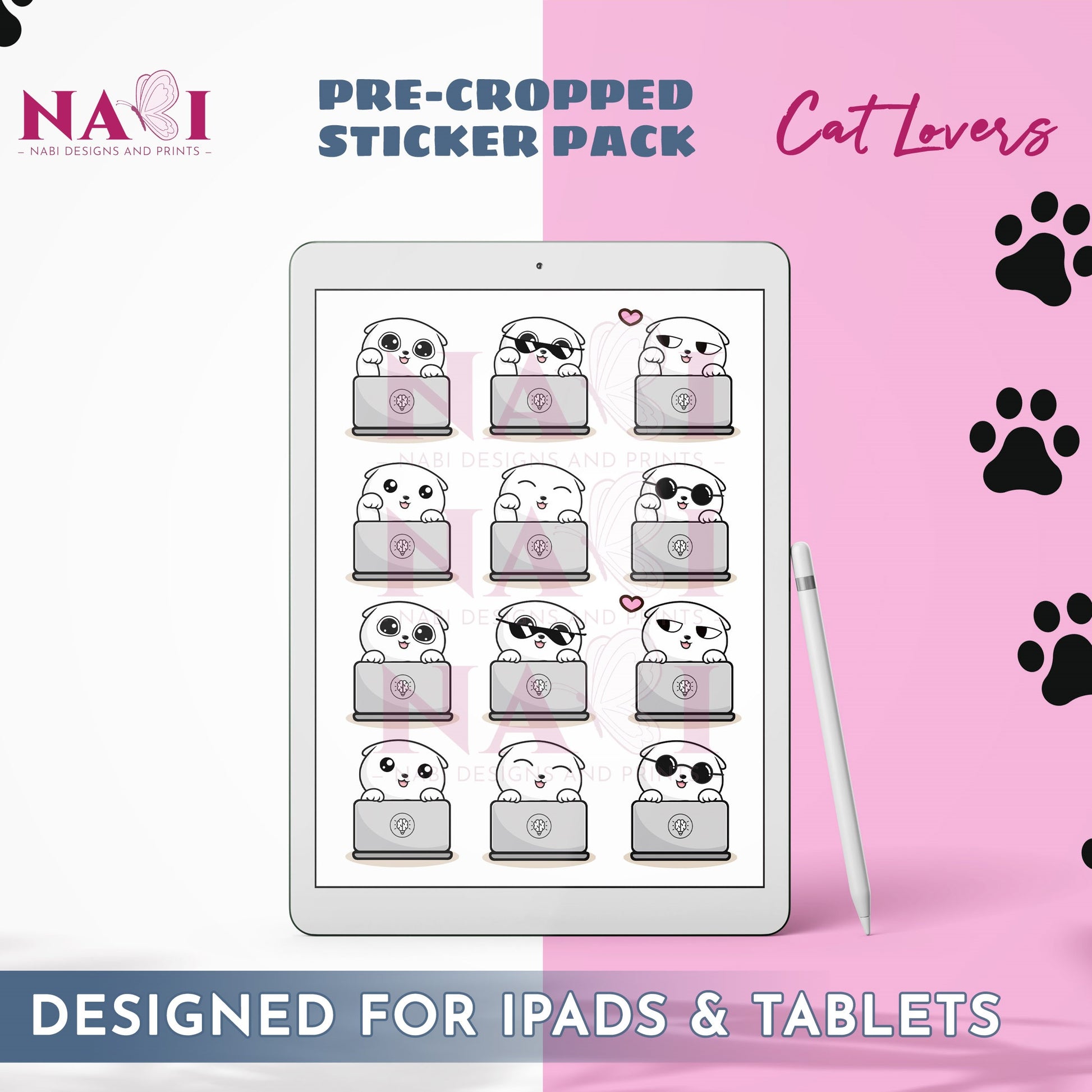 Pre-cropped sticker pack for iPads & tablets with cat-themed design on a pink background.