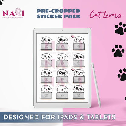 Pre-cropped sticker pack for iPads & tablets with cat-themed design on a pink background.