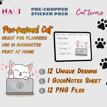 Sticker pack for Cat Lovers with a cat using a laptop on a white background.