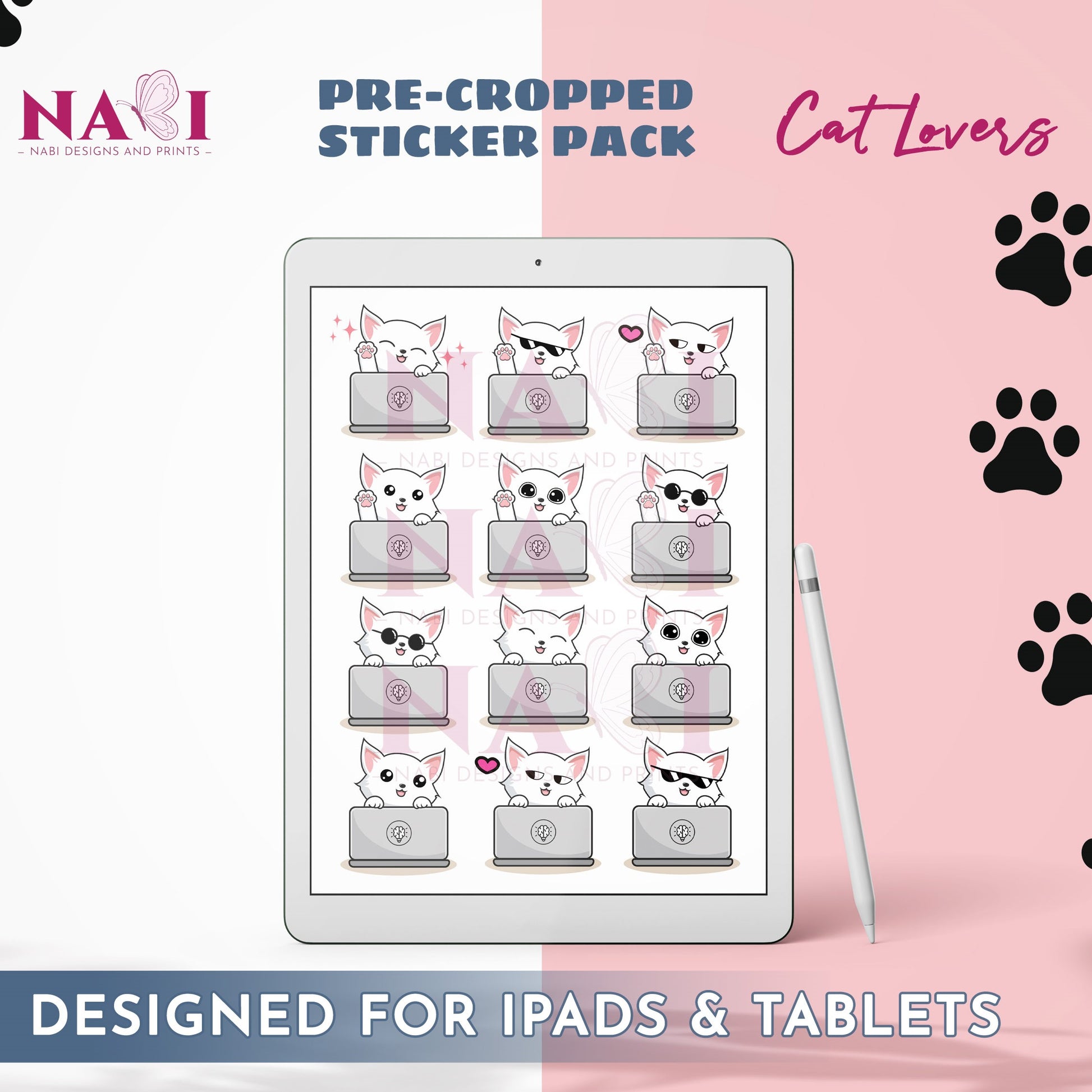 Sticker pack for iPads and tablets featuring cute cat illustrations on a pink background with paw prints.