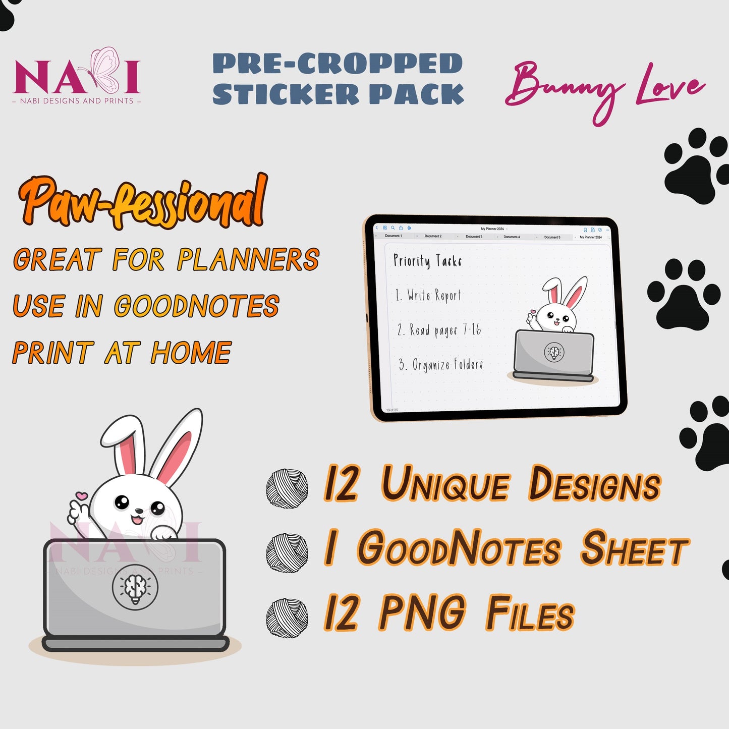 Sticker pack for planners with bunny design on a laptop, featuring text about product details.