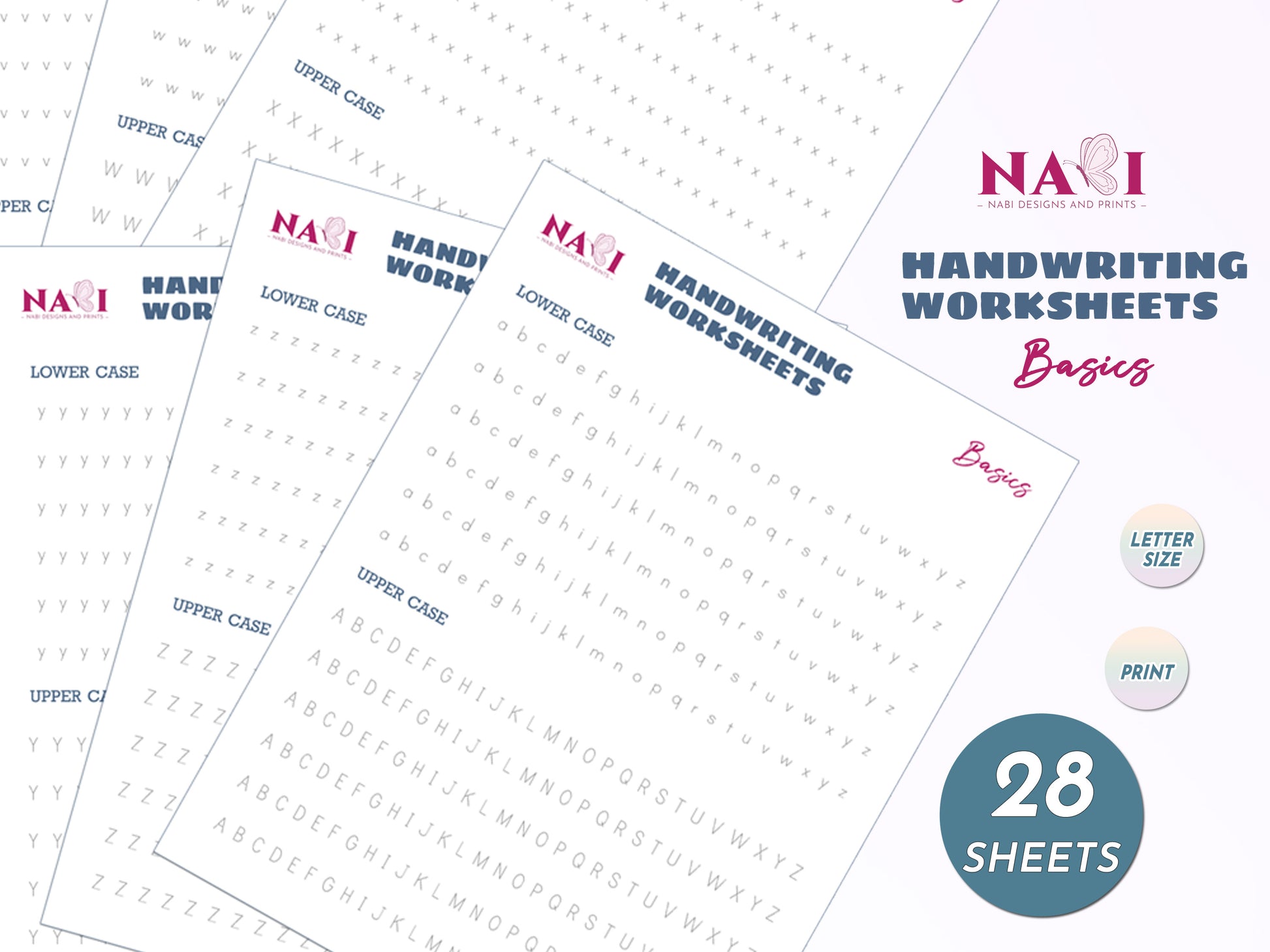 Handwriting alphabet tracing worksheets with NABI Designs and Prints branding on a white background