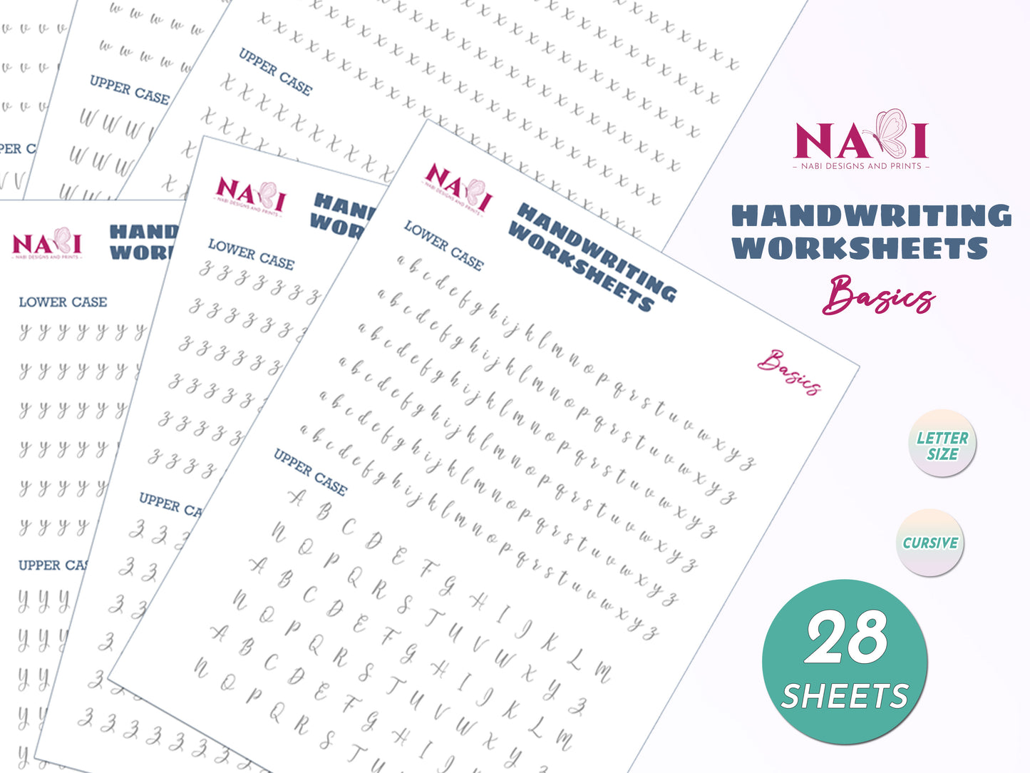 Handwriting alphabet tracing worksheets with NABI Designs and Prints branding on a white background