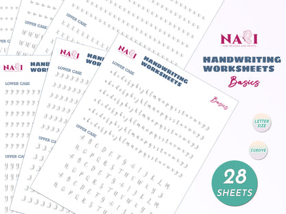 Handwriting alphabet tracing worksheets with NABI Designs and Prints branding on a white background