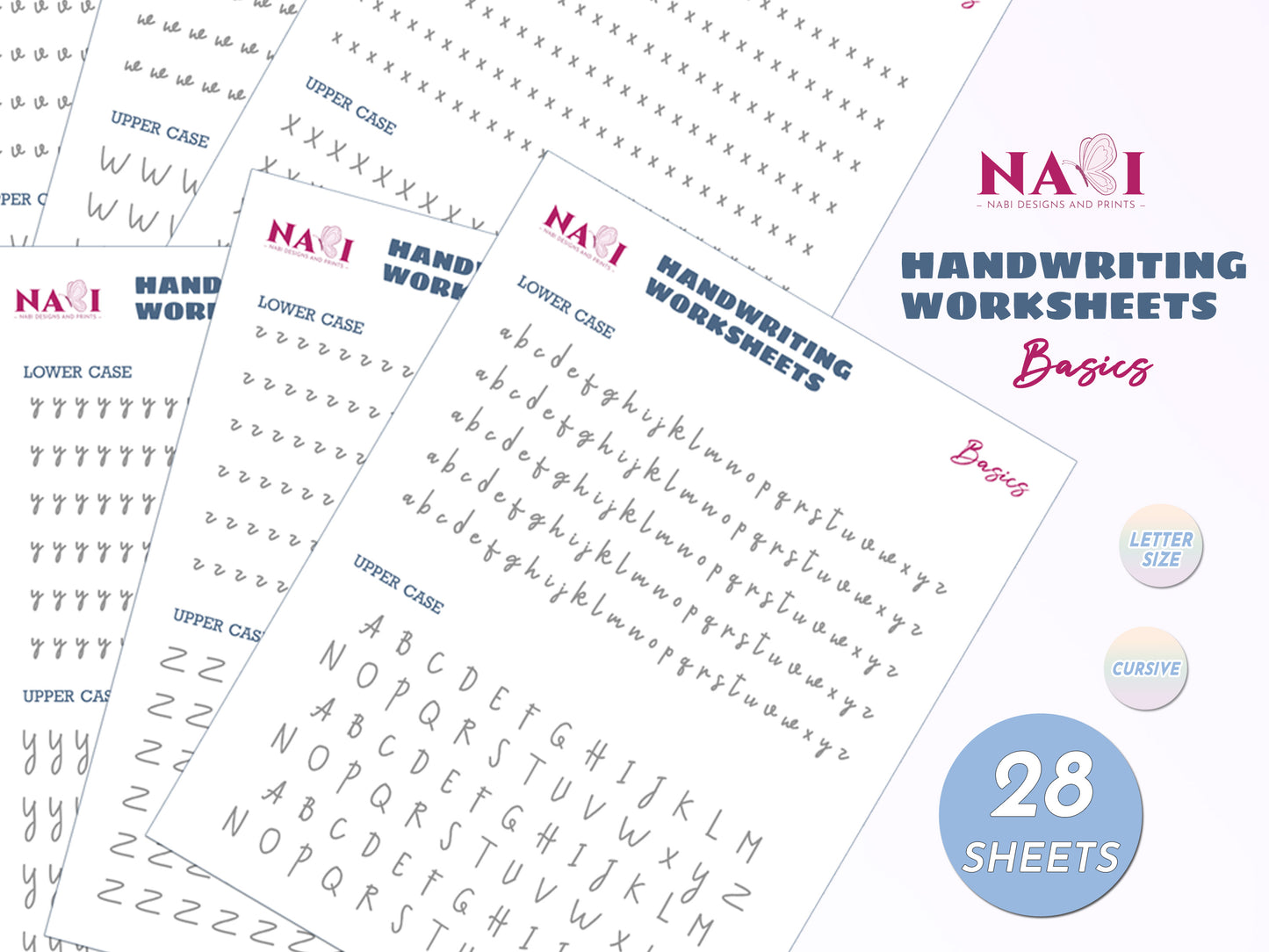 Handwriting alphabet tracing worksheets with NABI Designs and Prints branding on a white background
