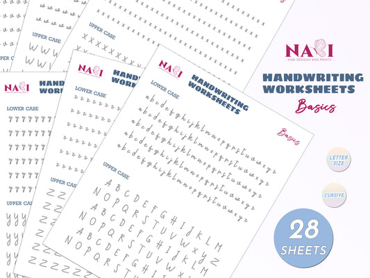 Handwriting alphabet tracing worksheets with NABI Designs and Prints branding on a white background