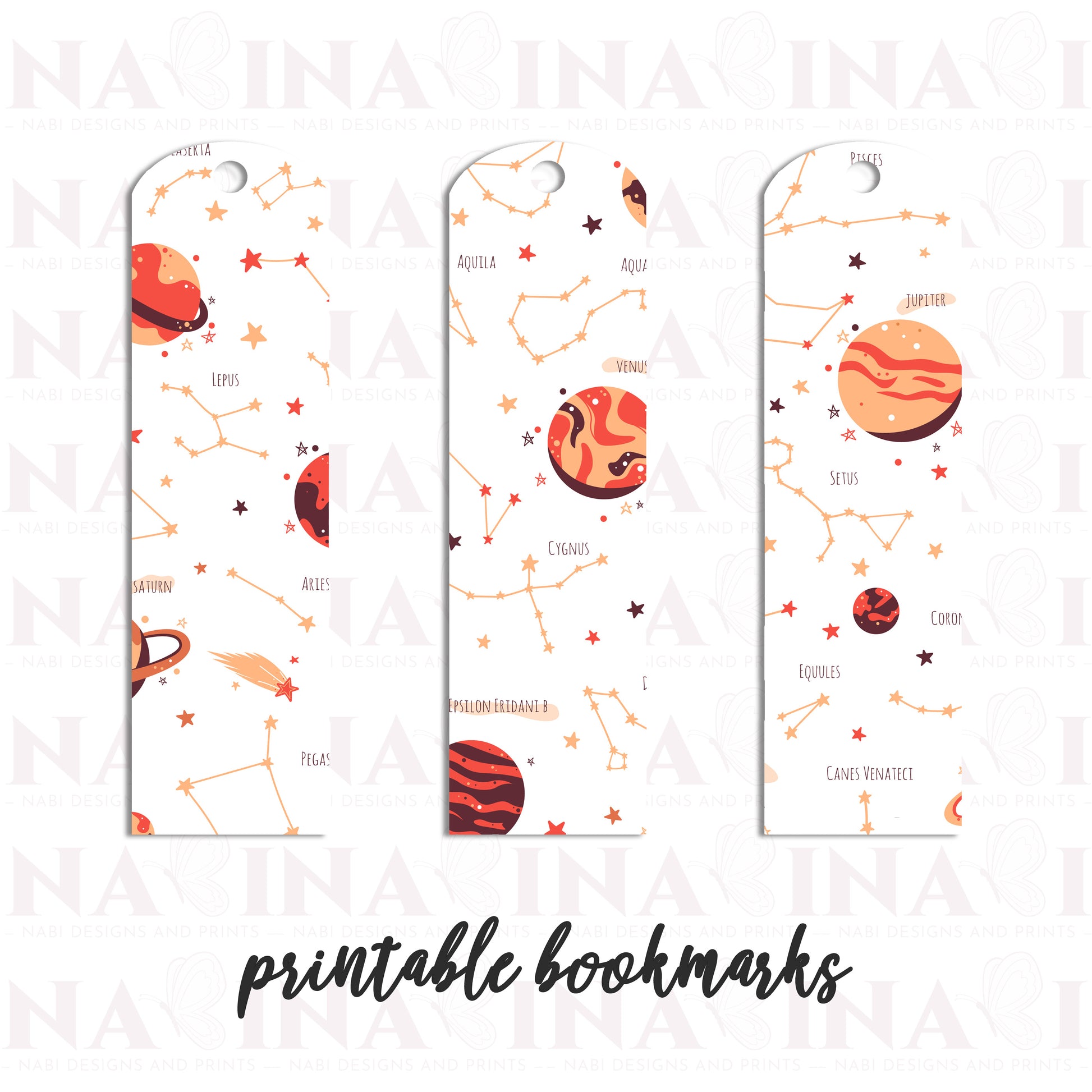 Three space-themed bookmarks with planets and constellations on a white background.