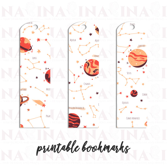 Three space-themed bookmarks with planets and constellations on a white background.