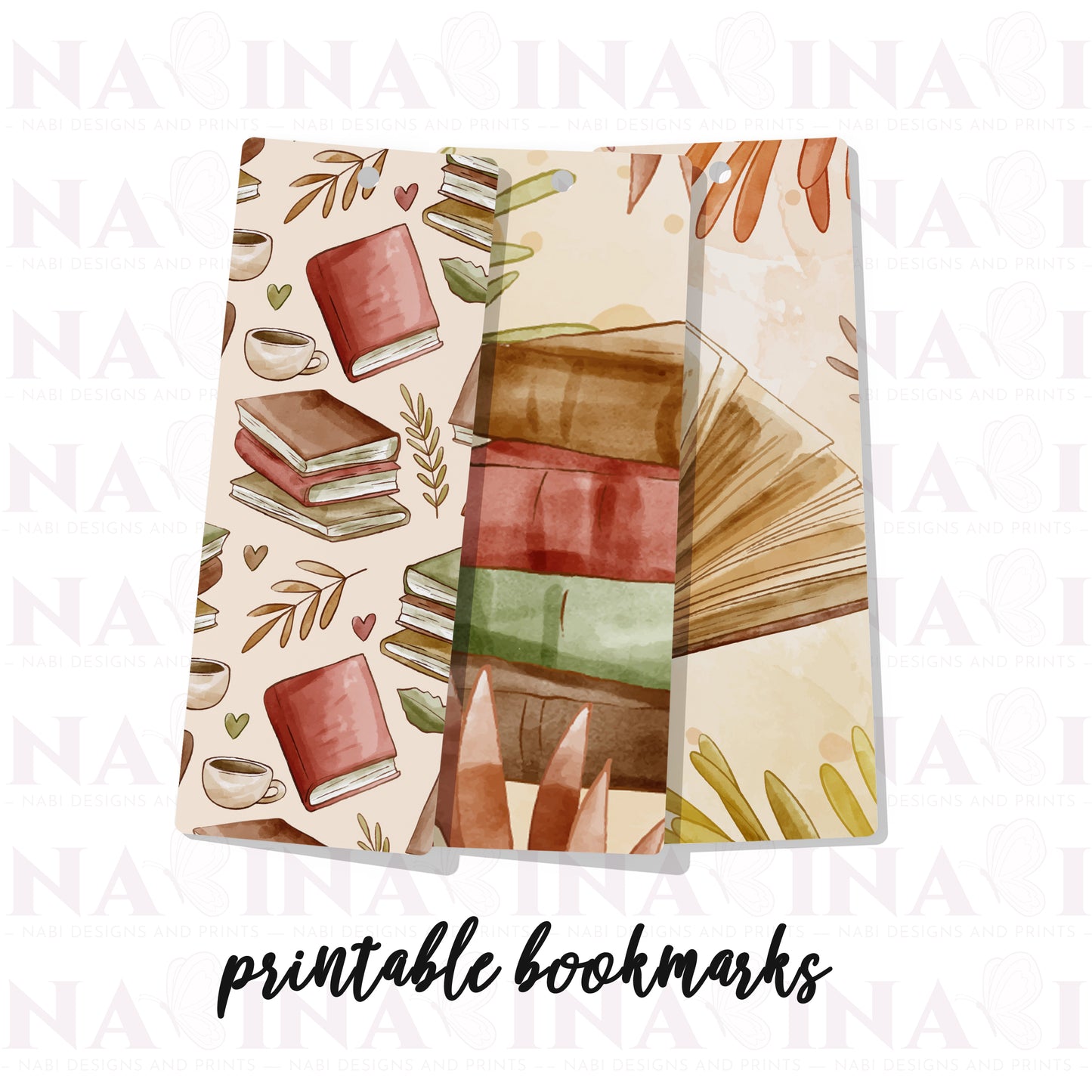 Illustrated bookmarks with books and leaves on a patterned background