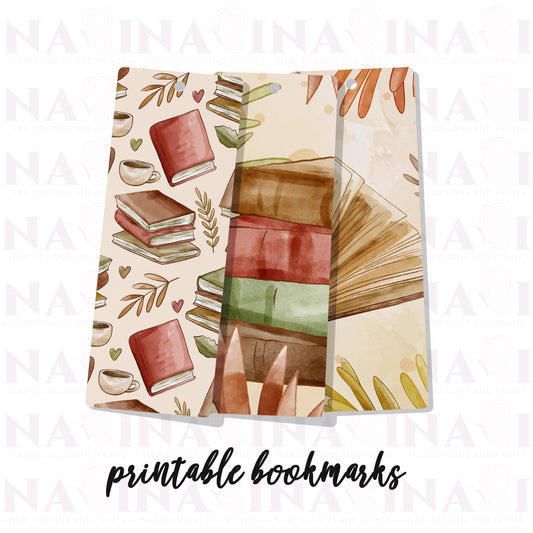 Illustrated bookmarks with books and leaves on a patterned background