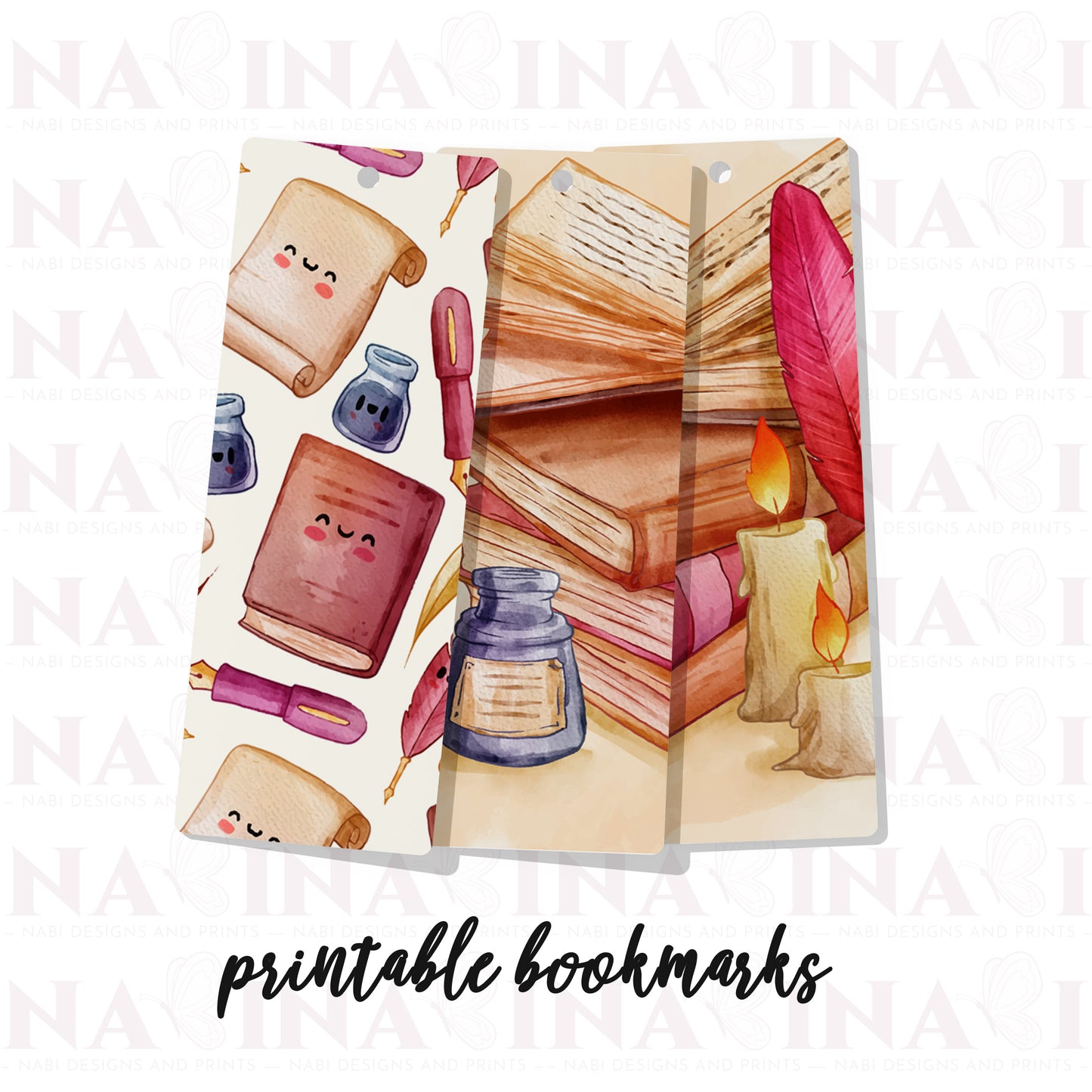 Printable bookmarks with book-themed illustrations on a white background