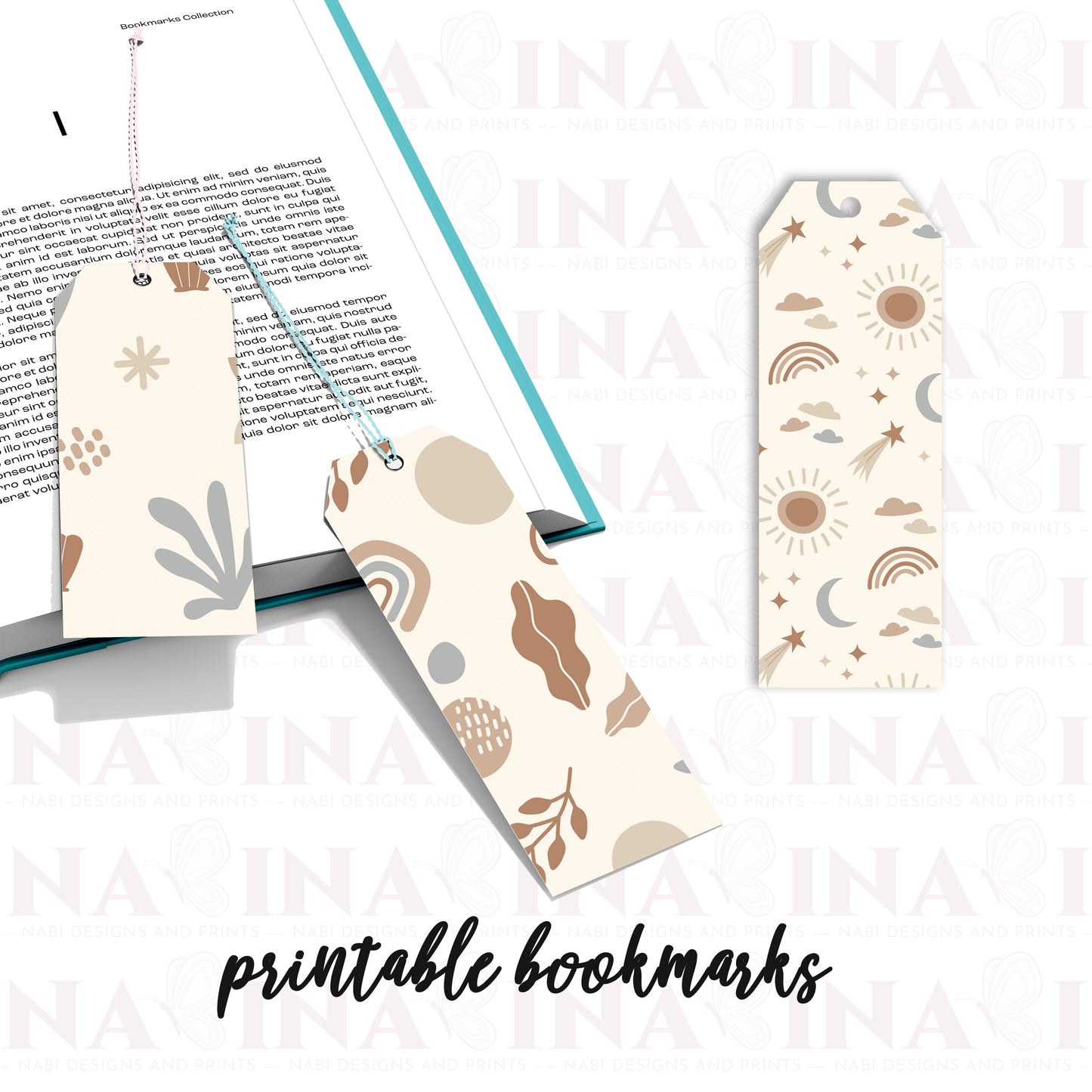 Three printable bookmarks with different designs on a white background.