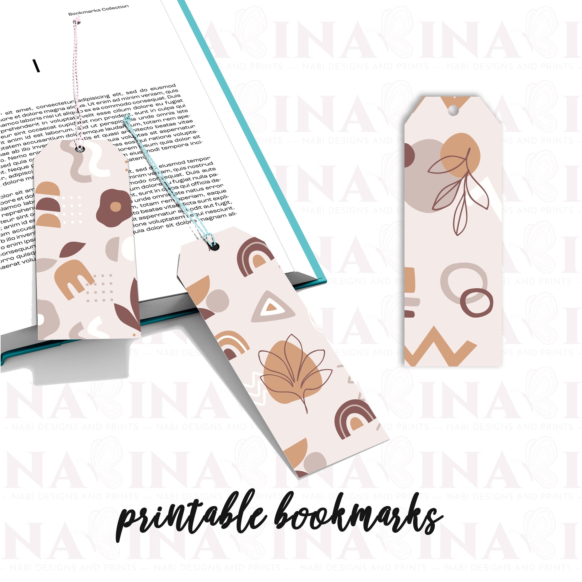 Three printable bookmarks with geometric patterns on a book.