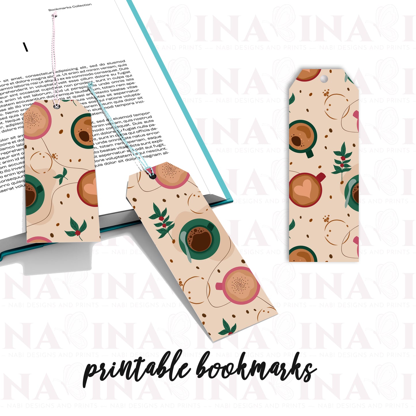 Three colorful bookmarks with a coffee-themed design on a book.