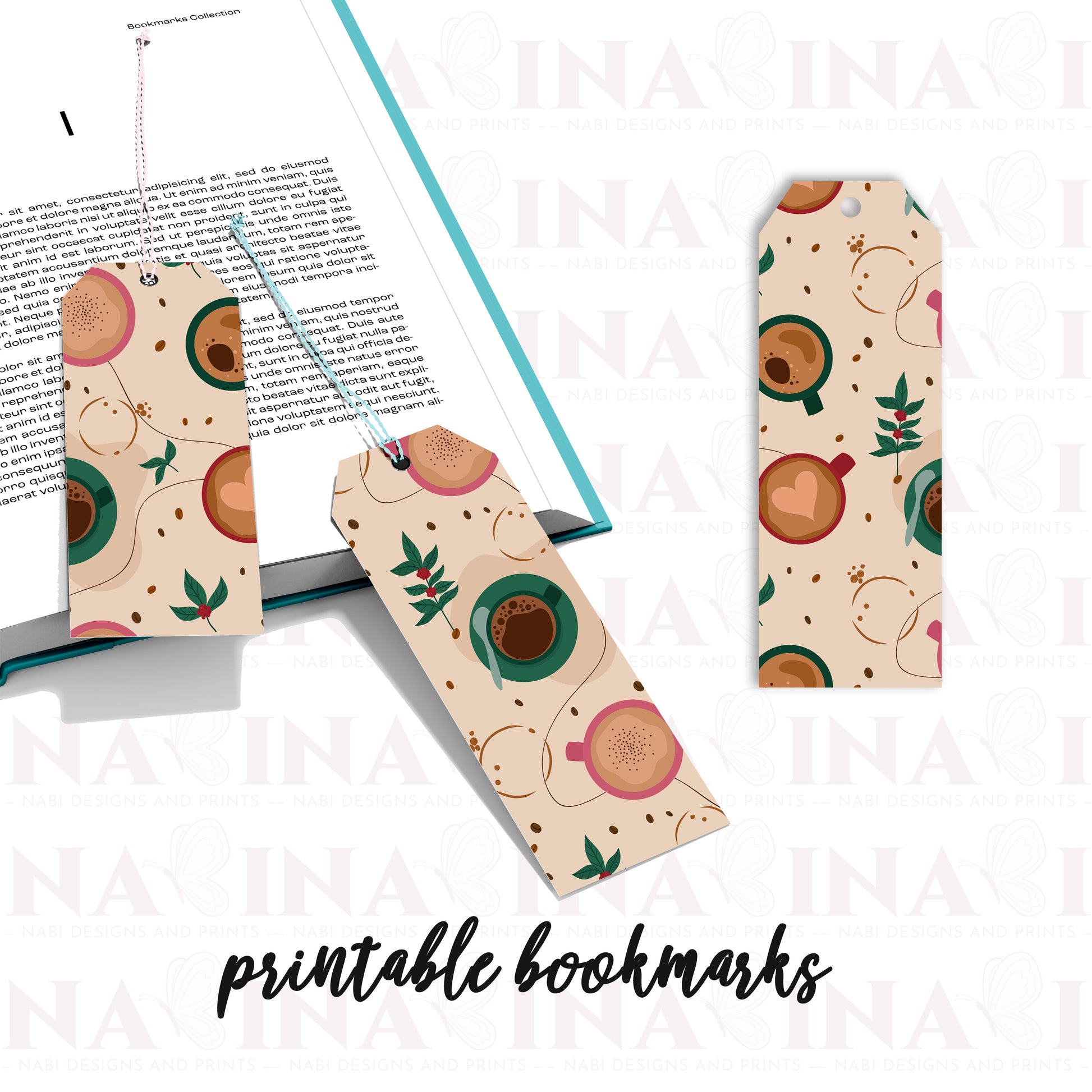 Three colorful bookmarks with a coffee-themed design on a book.