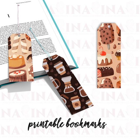 Printable bookmarks with dessert patterns on a white background