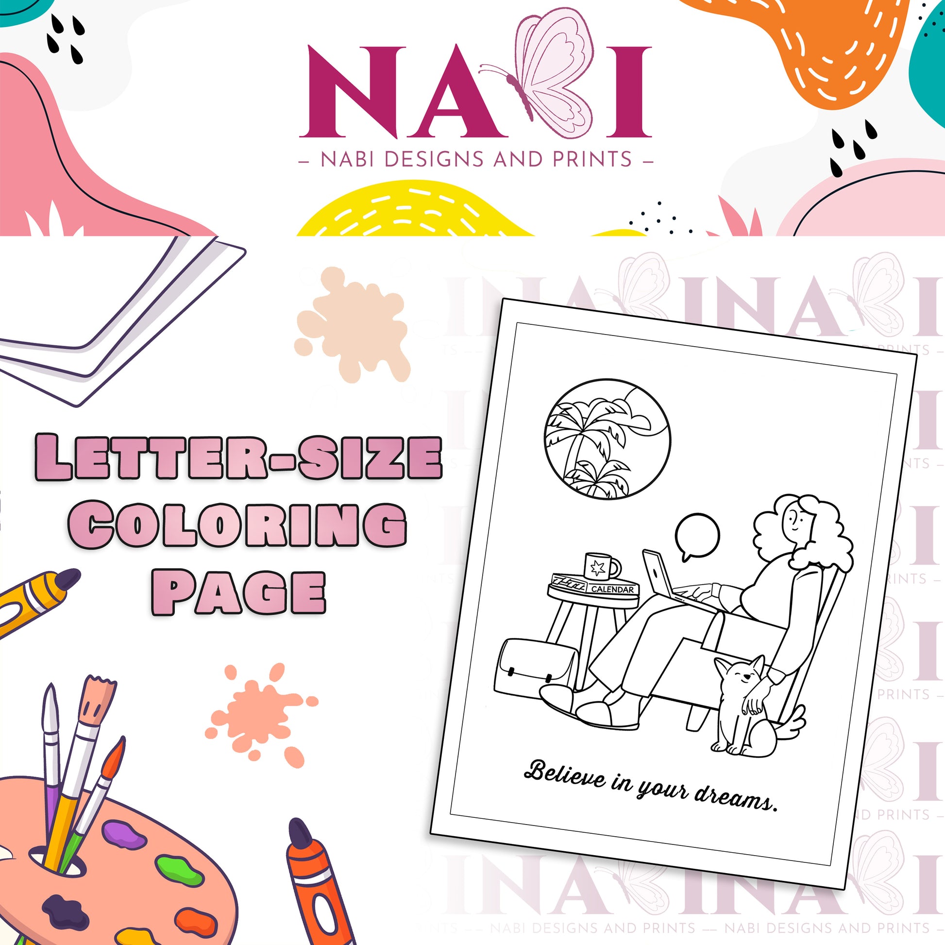 Printable adult coloring page with a woman, her dog, and a summer view