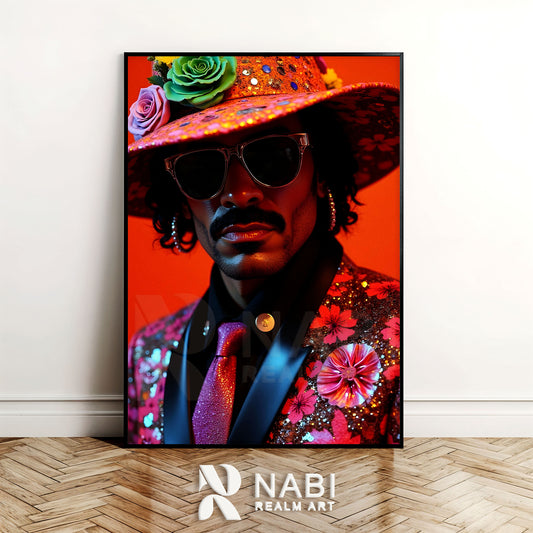 Framed artwork of a Black man wearing a colorful hat and jacket with flowers