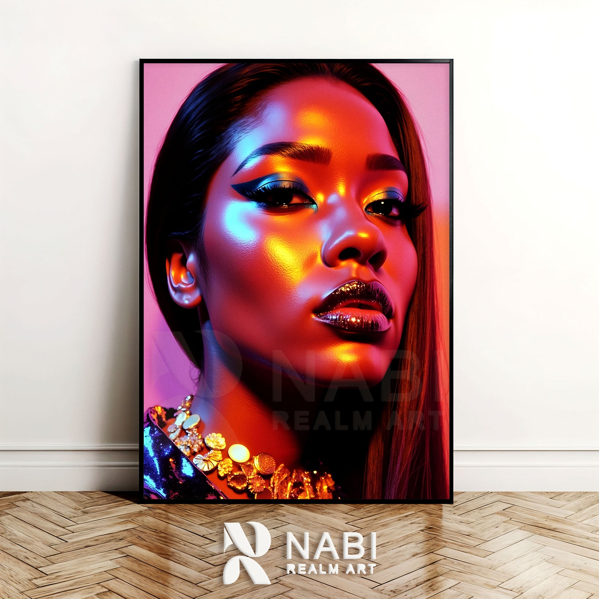 Framed artwork of a Black woman with vibrant colors, featuring the Nabi Realm Art logo.