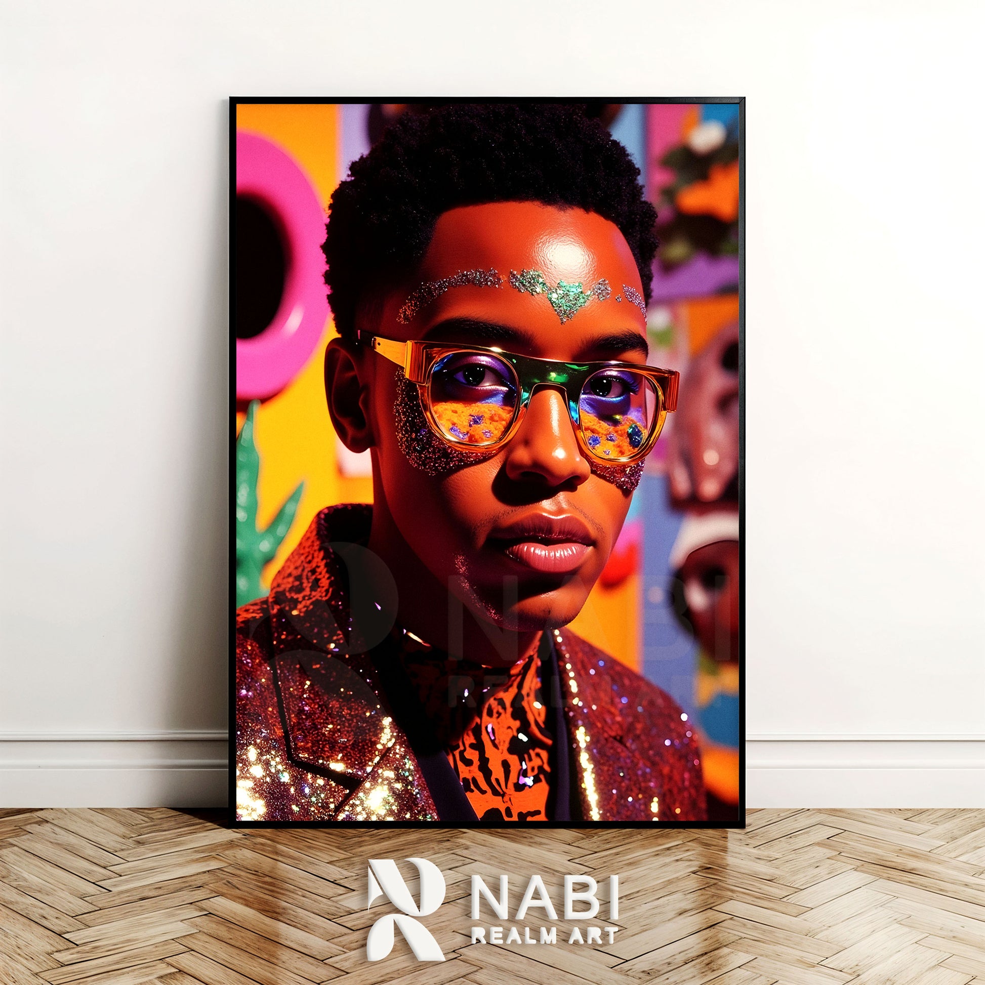 Colorful artwork of a man with sunglasses and vibrant makeup, framed by Nabi Realm Art.