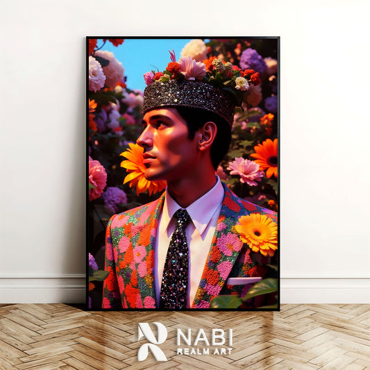 Framed artwork of a man in a floral suit with flowers in the background, featuring the Nabi Realm Art logo.