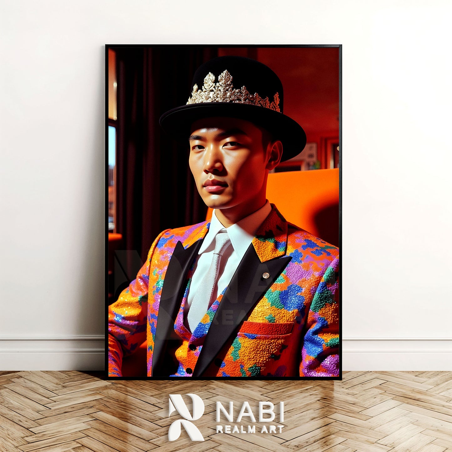 Framed portrait of an Asian man wearing a colorful suit and hat with 'Nabi Realm Art' logo.