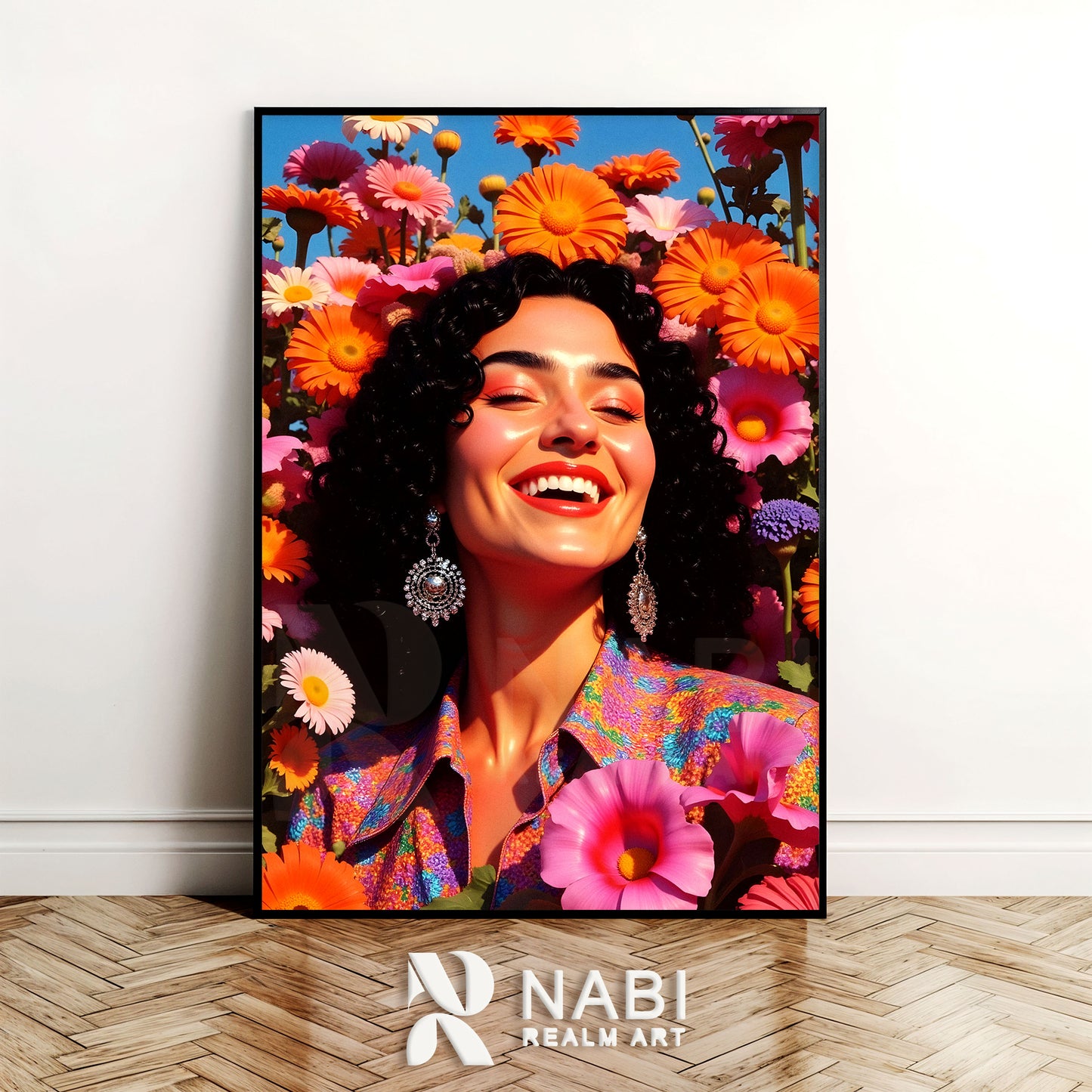 Framed artwork of a woman surrounded by colorful flowers