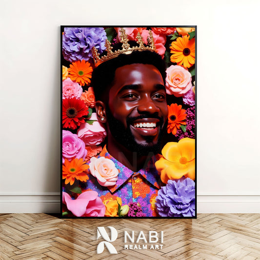 Framed artwork of a Black man with a crown surrounded by colorful flowers, featuring the brand 'Nabi Realm Art'.