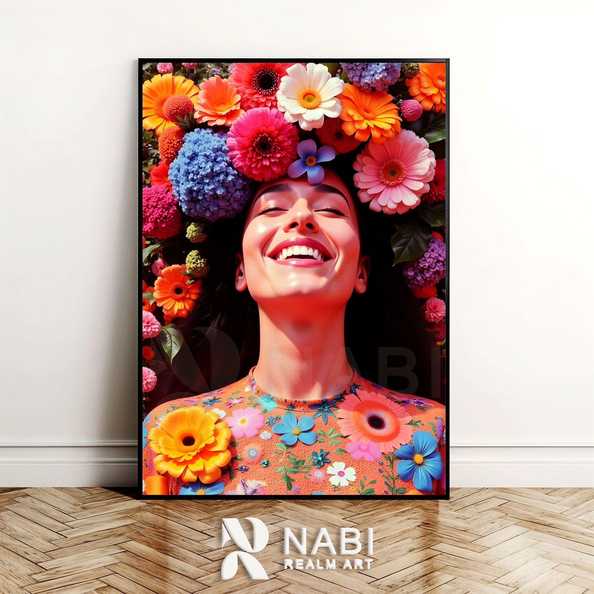 Framed artwork of a woman with colorful flowers on her head and body