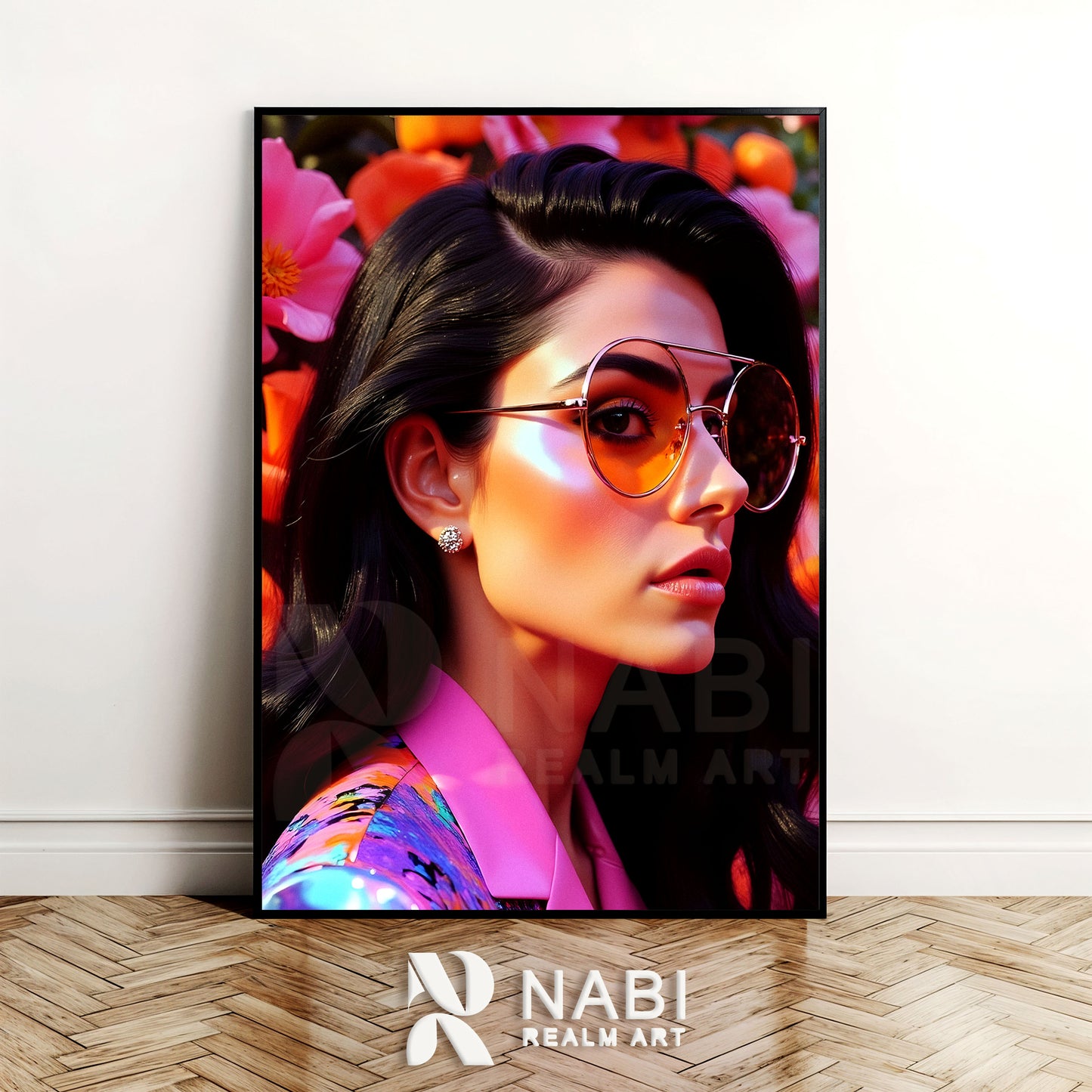 Framed artwork of a woman wearing sunglasses with colorful flowers in the background