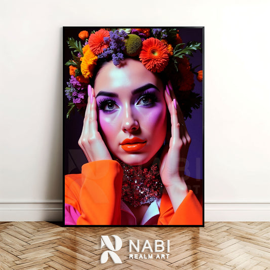 Framed artwork of a woman with flowers on her head, displayed against a wall.