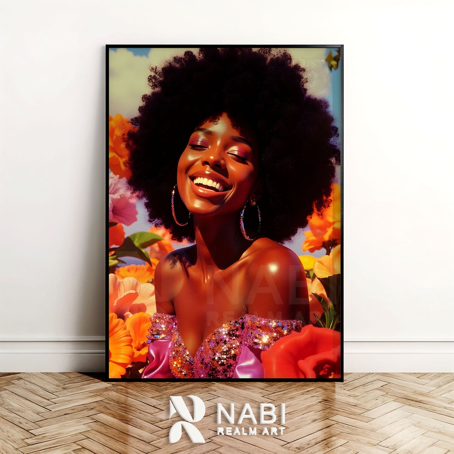 Framed artwork of a smiling woman with flowers, featuring the Nabi Realm Art logo.