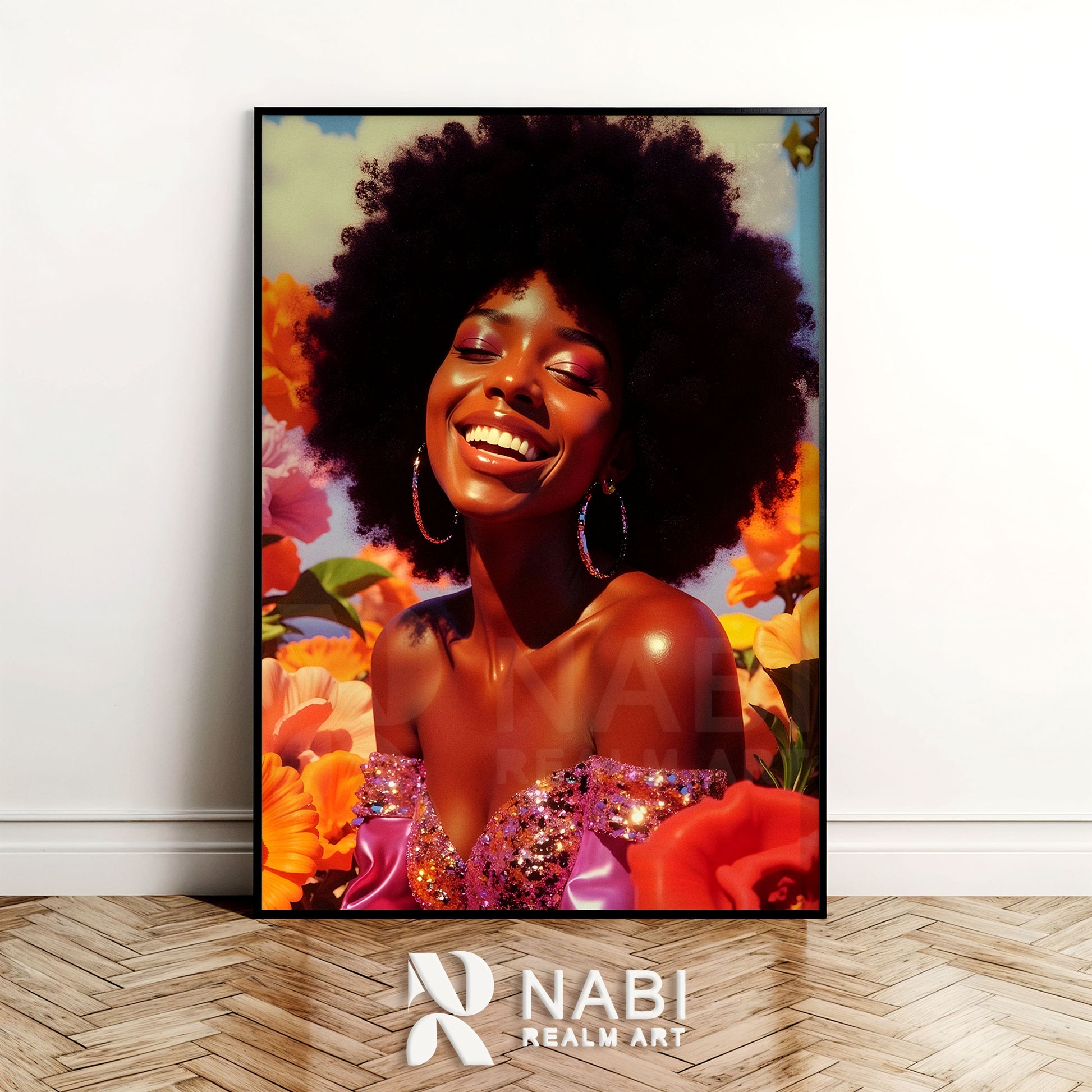 Framed artwork of a smiling woman with flowers, featuring the Nabi Realm Art logo.