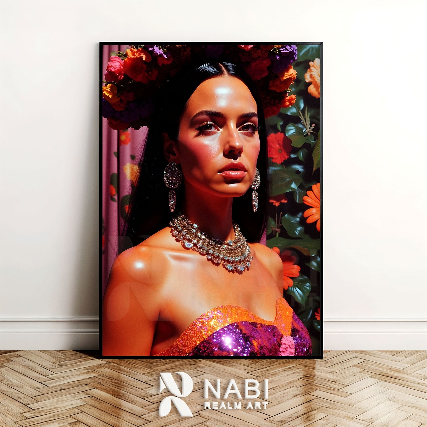 Framed artwork of a woman with flowers on a wall, featuring the Nabi Realm Art logo.